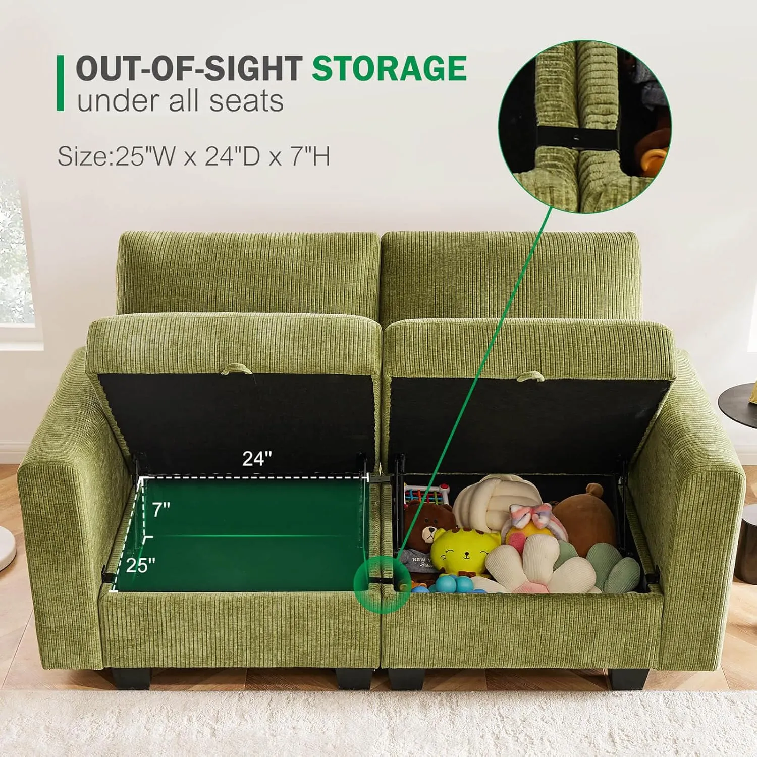 Luxury Modular Sectional Sofa for Home, Apartment, Dorm, Bonus Room, Compact Spaces w/Reversible Chaise Lounge,4 Seat L-Shape w/Storage Seats & Ottoman, 1400lb Capacity - Corduroy Green
