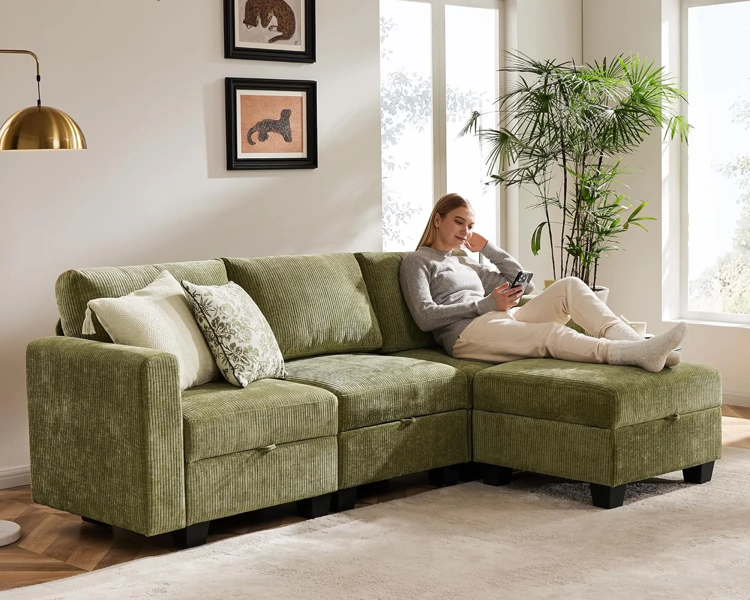 Luxury Modular Sectional Sofa for Home, Apartment, Dorm, Bonus Room, Compact Spaces w/Reversible Chaise Lounge,4 Seat L-Shape w/Storage Seats & Ottoman, 1400lb Capacity - Corduroy Green