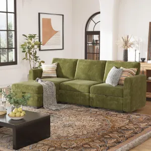 Luxury Modular Sectional Sofa for Home, Apartment, Dorm, Bonus Room, Compact Spaces w/Reversible Chaise Lounge,4 Seat L-Shape w/Storage Seats & Ottoman, 1400lb Capacity - Corduroy Green
