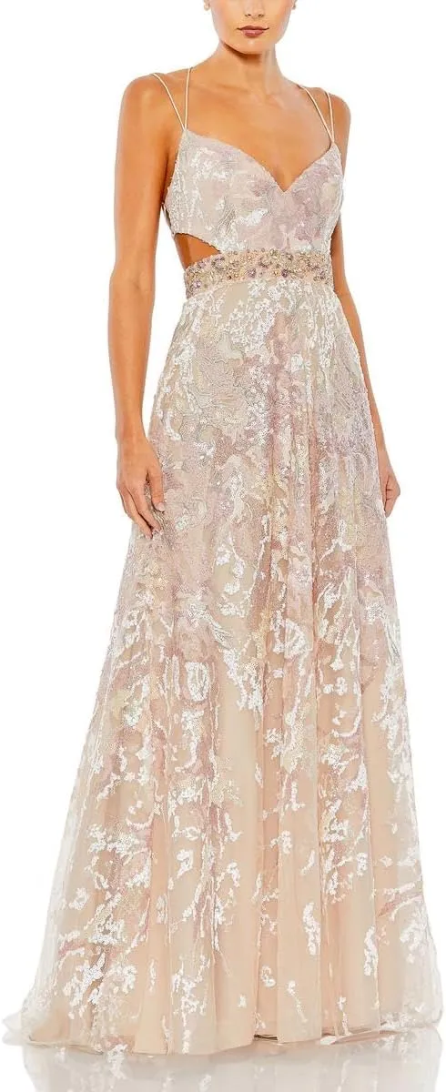 Mac Duggal Womens Embellished Cut-Out Evening Dress Beige 0