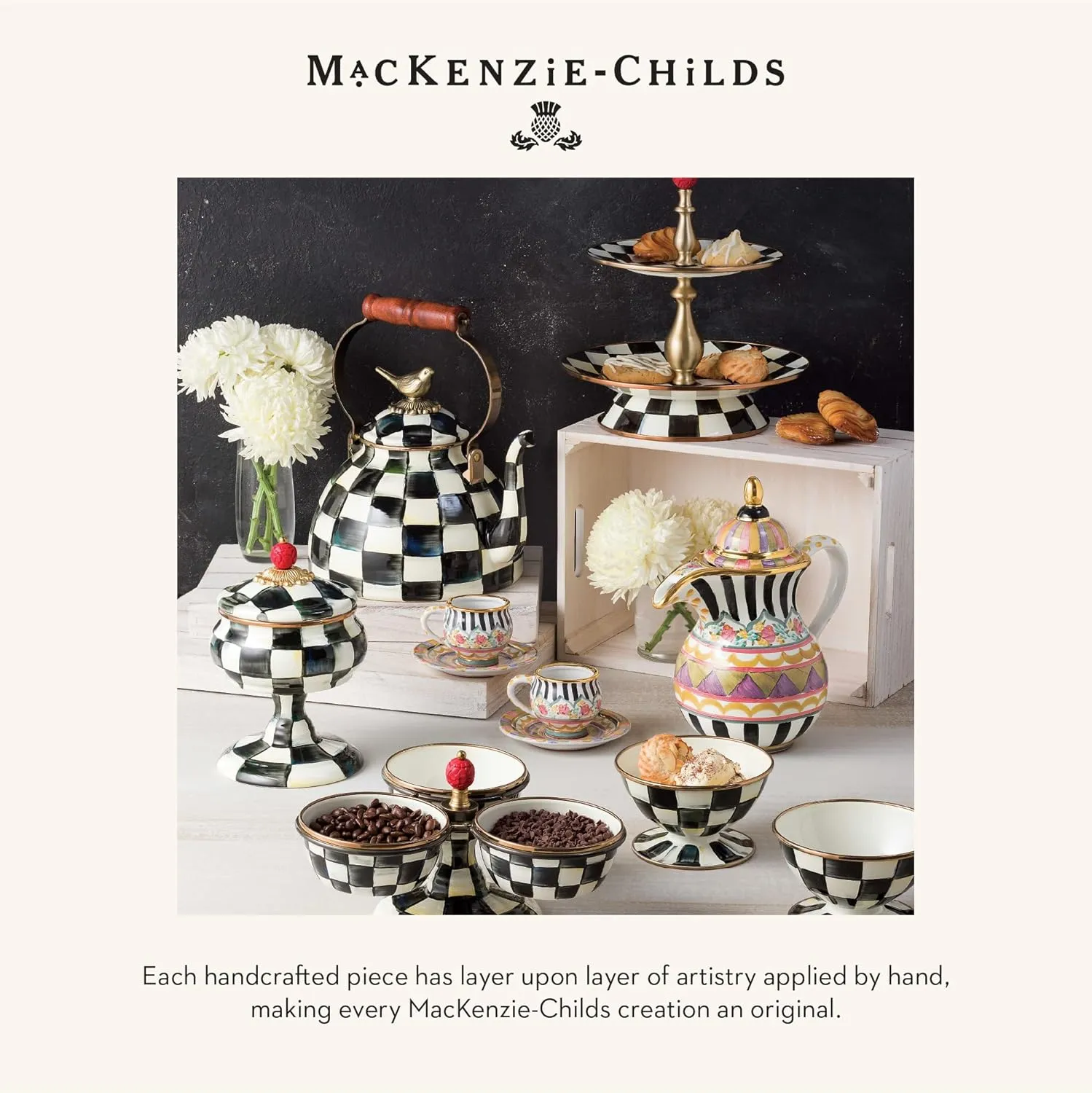 MACKENZIE-CHILDS Monogram Dish, Decorative Ceramic Letter Plate, 5 3/4" Square, F