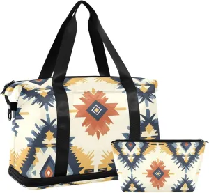 Maize-yellow Aztec Inca Art Versatile Sports Travel Bag - Lasting Twill Tote, Removable Wheel & Rod Bagging, Multi-pocket Design, Complimentary Makeup Bag