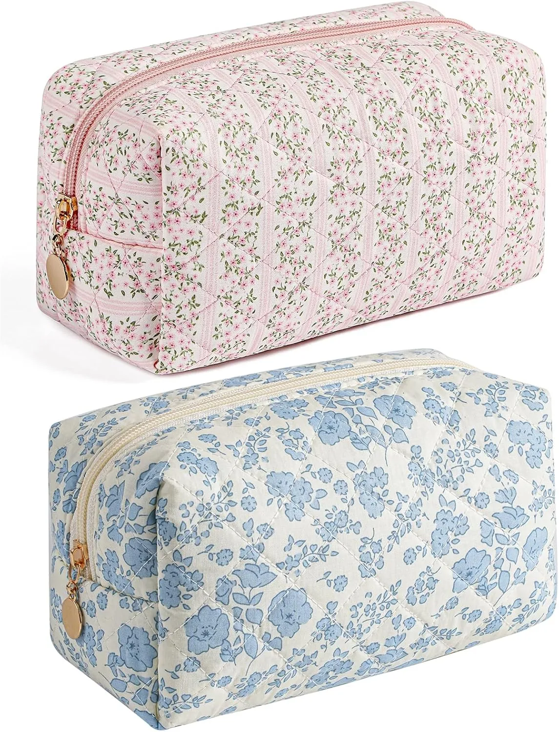 Makeup Bag Travel Cosmetic Bag for Women Girls, Zipper Make Up Pouch, Floral Flowers Toiletry Organizer Makeup, Portable Storage Bag, Cosmetic Travel Cloth Bag (Pink Blue Floral)