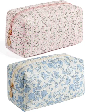 Makeup Bag Travel Cosmetic Bag for Women Girls, Zipper Make Up Pouch, Floral Flowers Toiletry Organizer Makeup, Portable Storage Bag, Cosmetic Travel Cloth Bag (Pink Blue Floral)
