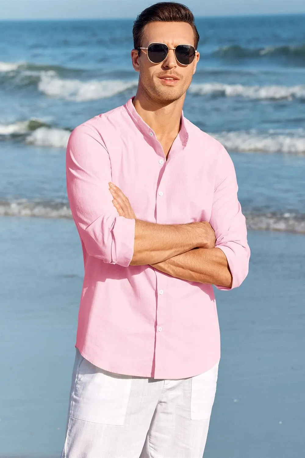 Makkrom Men Linen Shirt Button Down Long Sleeve Cotton Beach Band Collar Casual Summer Shirts