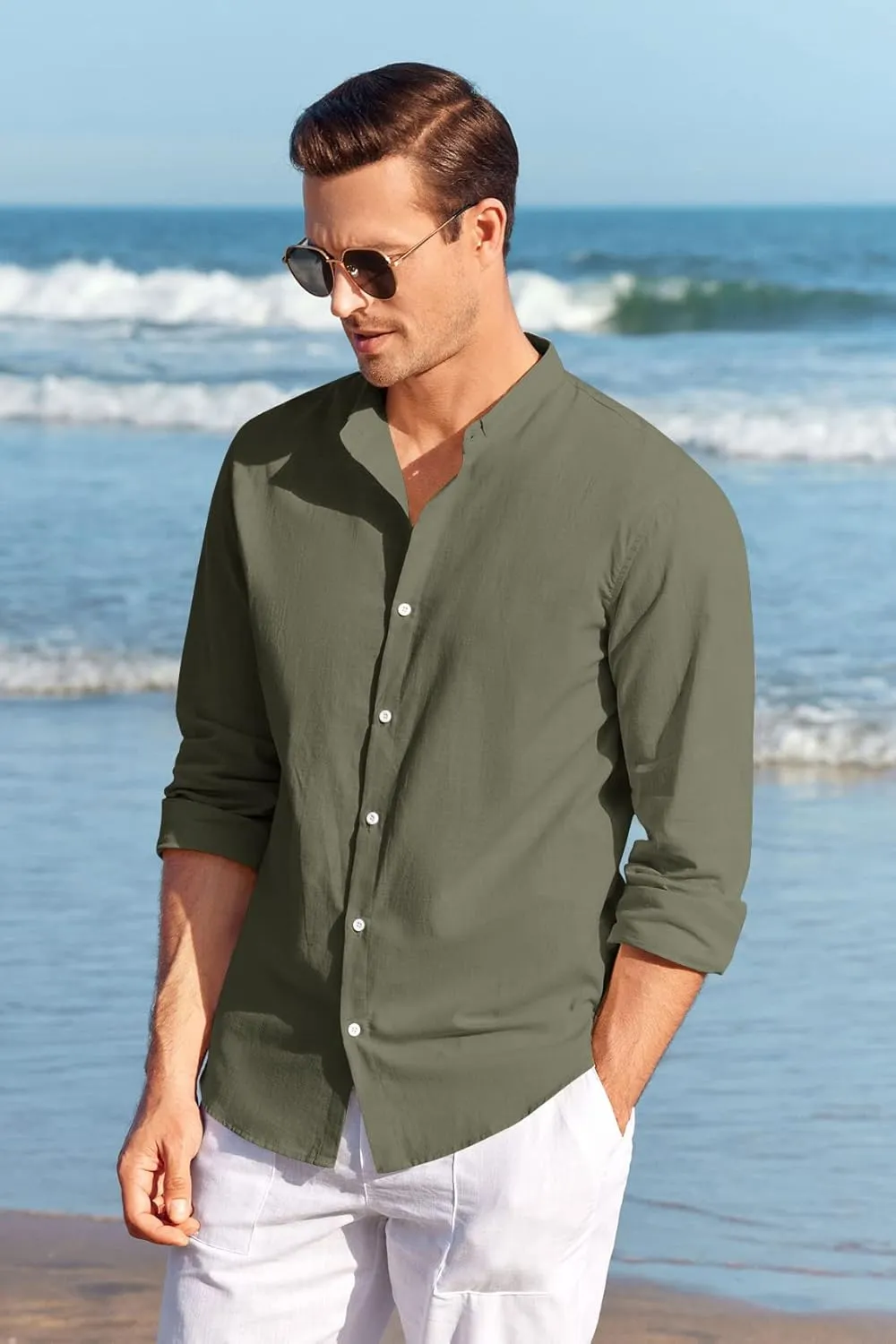 Makkrom Men Linen Shirt Button Down Long Sleeve Cotton Beach Band Collar Casual Summer Shirts