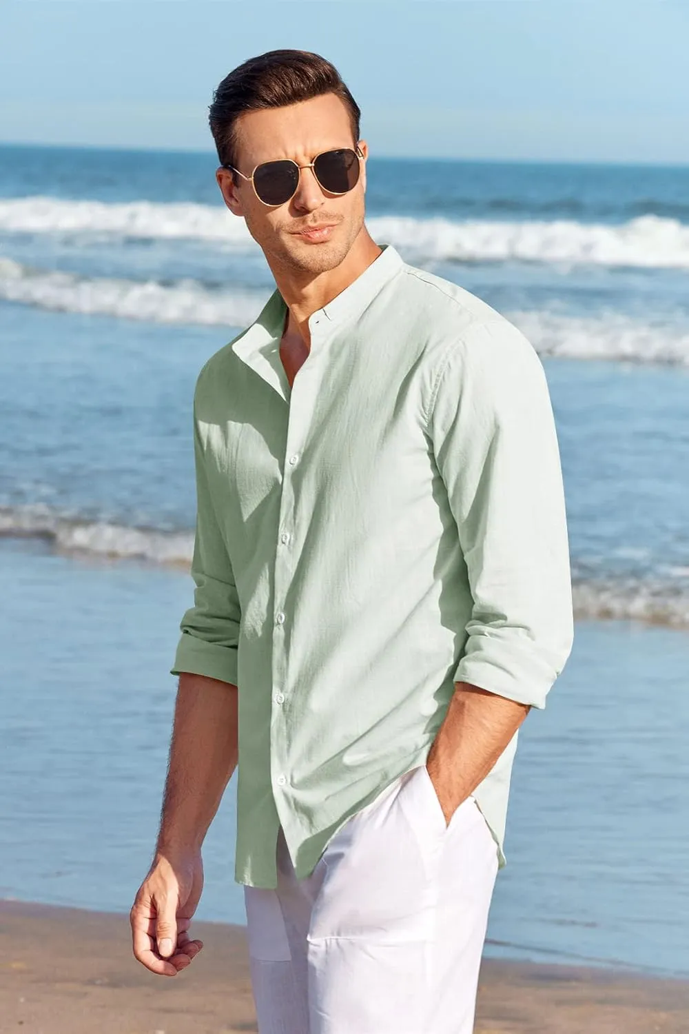 Makkrom Men Linen Shirt Button Down Long Sleeve Cotton Beach Band Collar Casual Summer Shirts