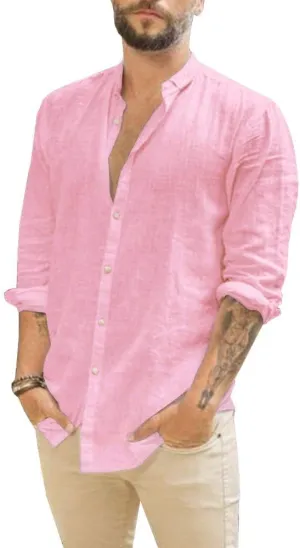 Makkrom Men Linen Shirt Button Down Long Sleeve Cotton Beach Band Collar Casual Summer Shirts