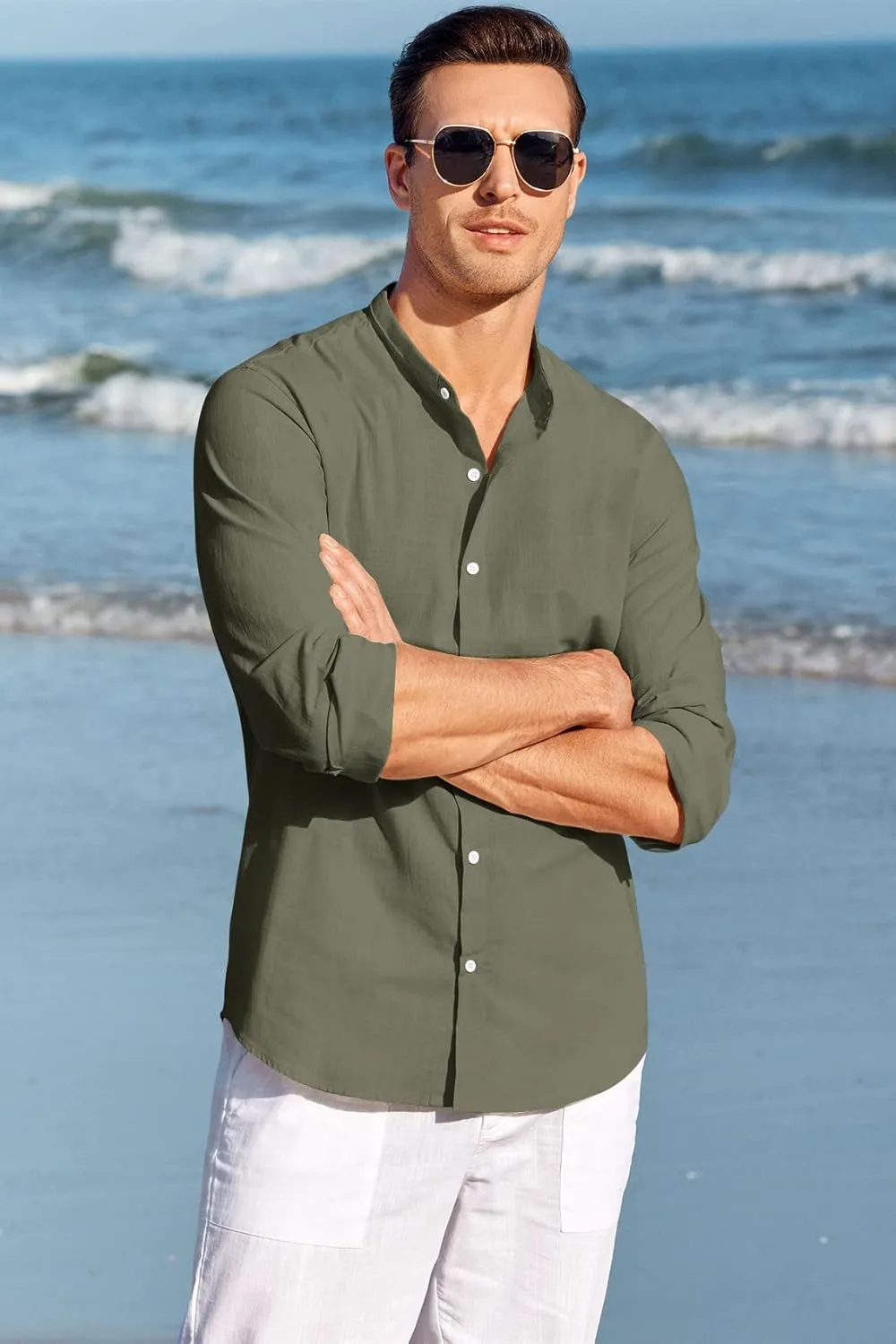 Makkrom Men Linen Shirt Button Down Long Sleeve Cotton Beach Band Collar Casual Summer Shirts