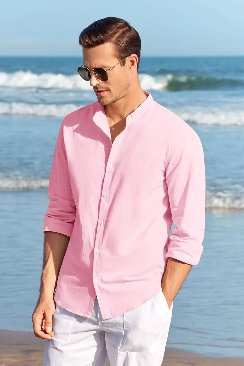 Makkrom Men Linen Shirt Button Down Long Sleeve Cotton Beach Band Collar Casual Summer Shirts