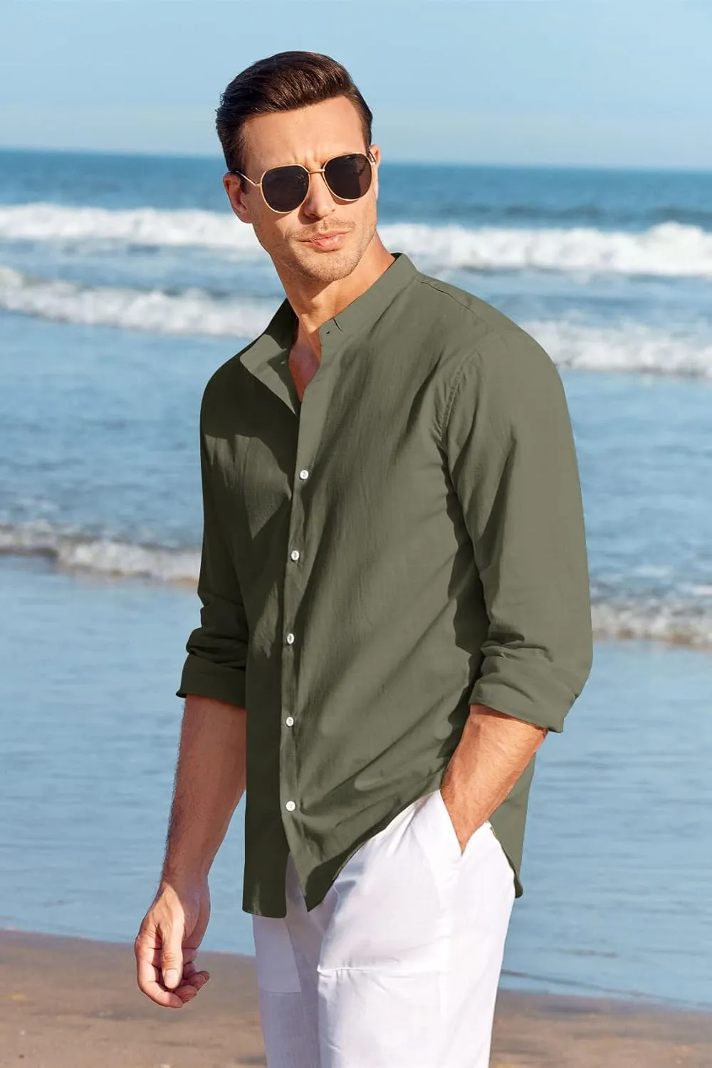 Makkrom Men Linen Shirt Button Down Long Sleeve Cotton Beach Band Collar Casual Summer Shirts