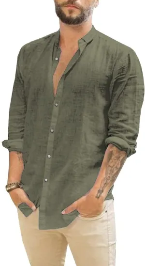 Makkrom Men Linen Shirt Button Down Long Sleeve Cotton Beach Band Collar Casual Summer Shirts