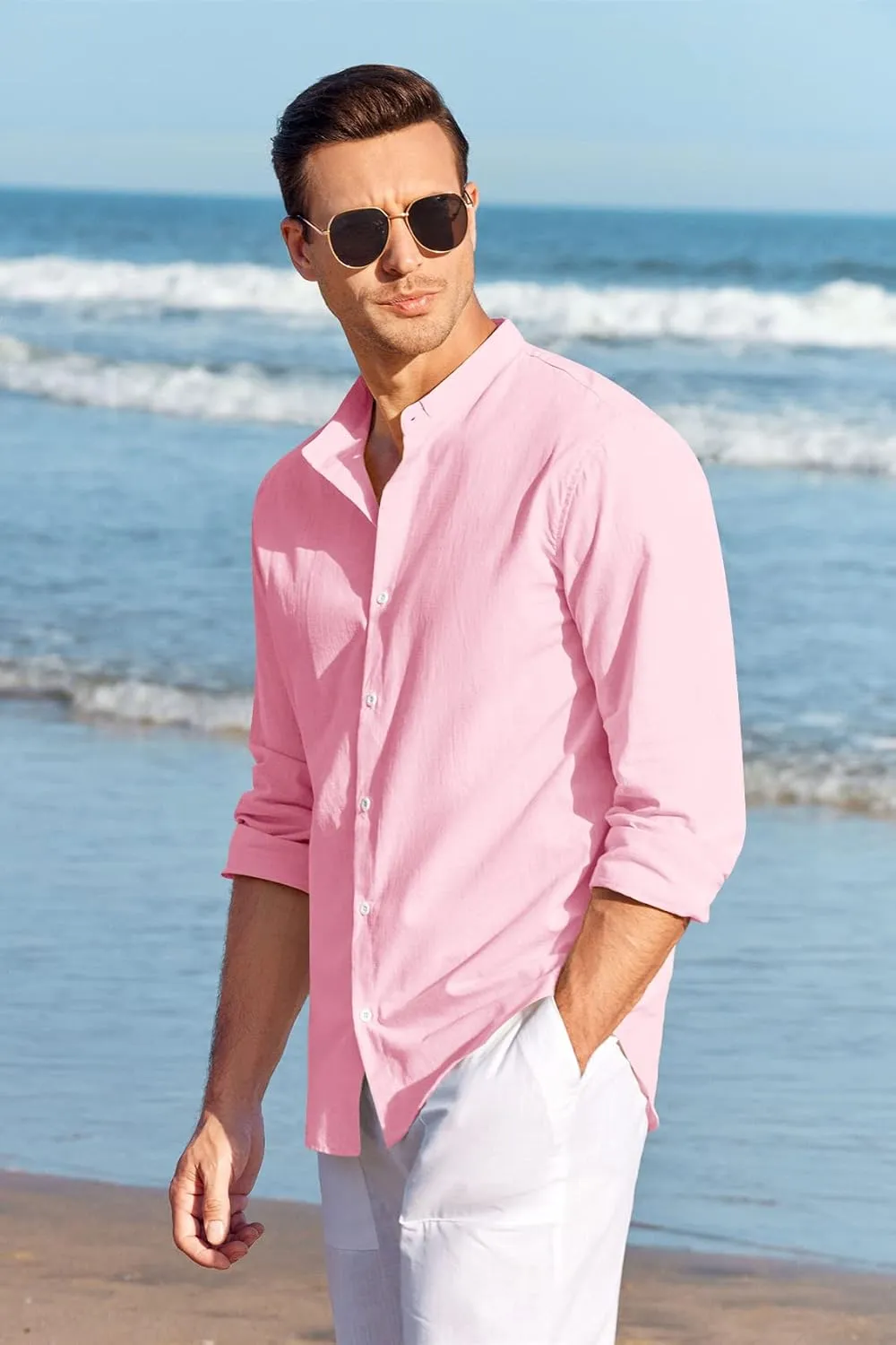 Makkrom Men Linen Shirt Button Down Long Sleeve Cotton Beach Band Collar Casual Summer Shirts