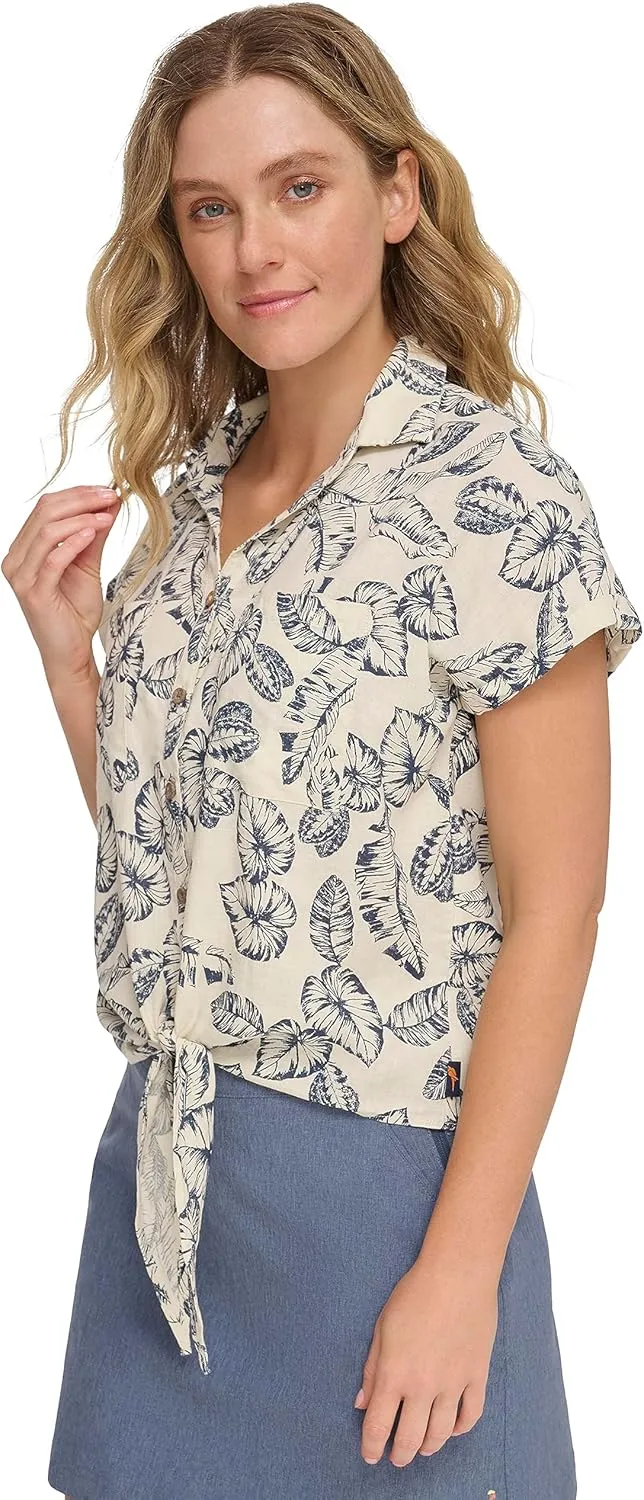 Margaritaville Women's Palm Print Tie Party Shirt-Soft, Relaxed-Feel Linen