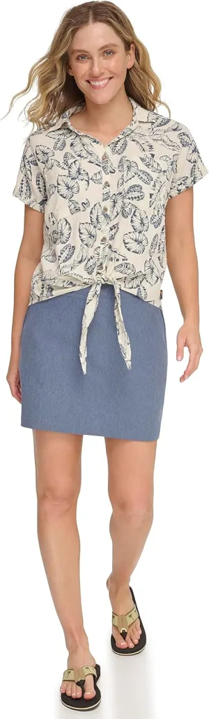 Margaritaville Women's Palm Print Tie Party Shirt-Soft, Relaxed-Feel Linen