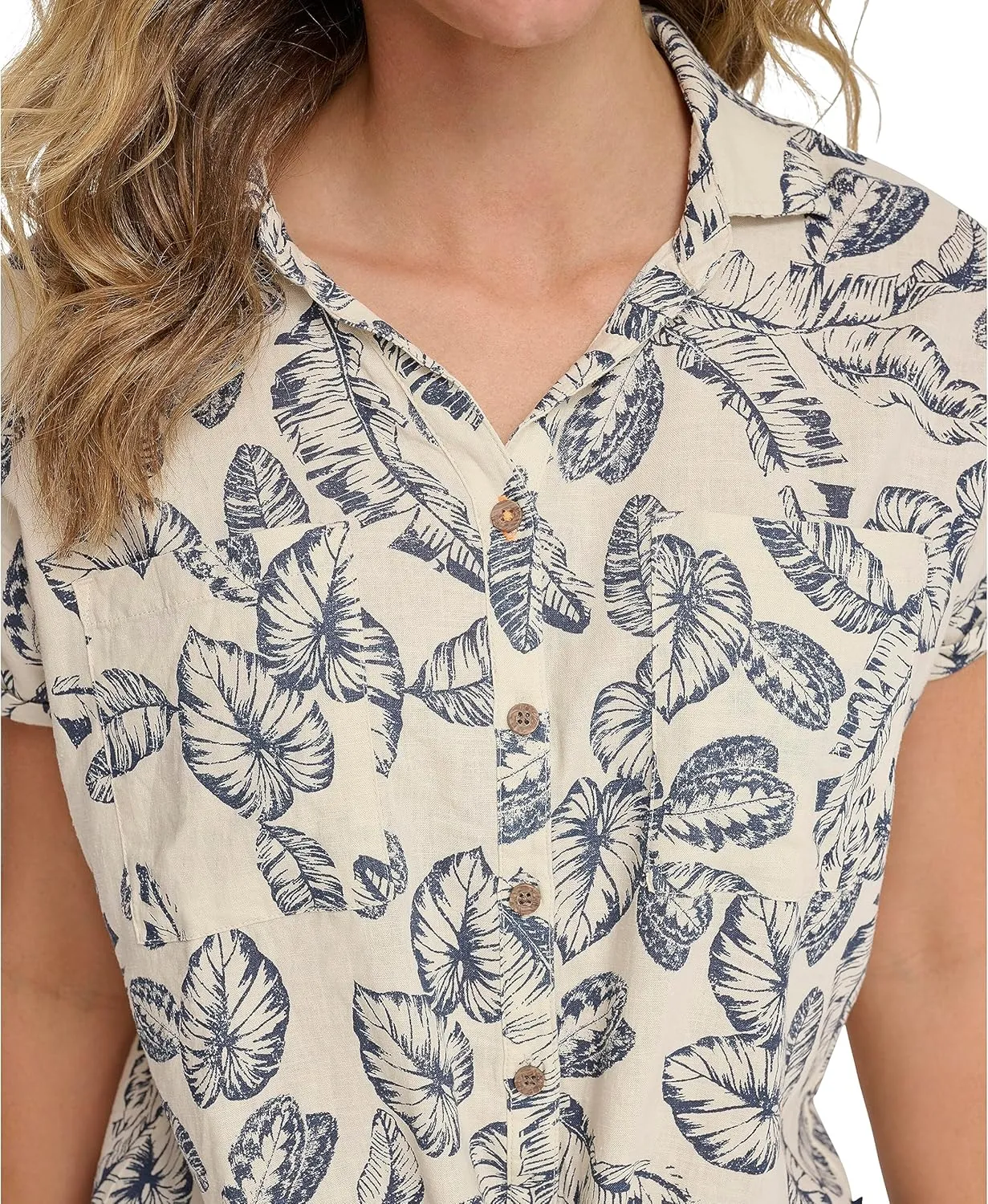 Margaritaville Women's Palm Print Tie Party Shirt-Soft, Relaxed-Feel Linen