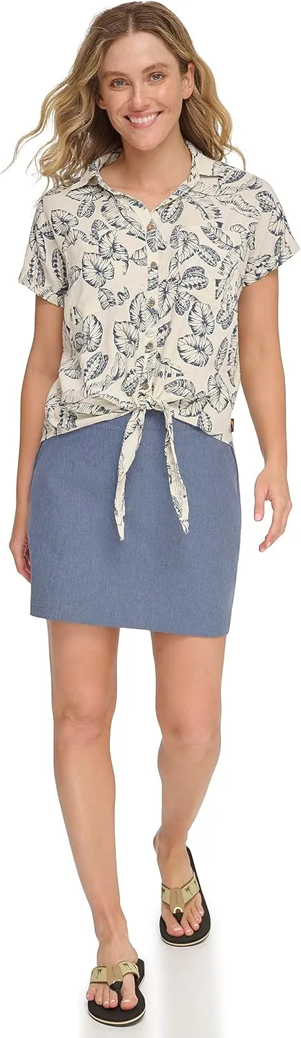 Margaritaville Women's Palm Print Tie Party Shirt-Soft, Relaxed-Feel Linen