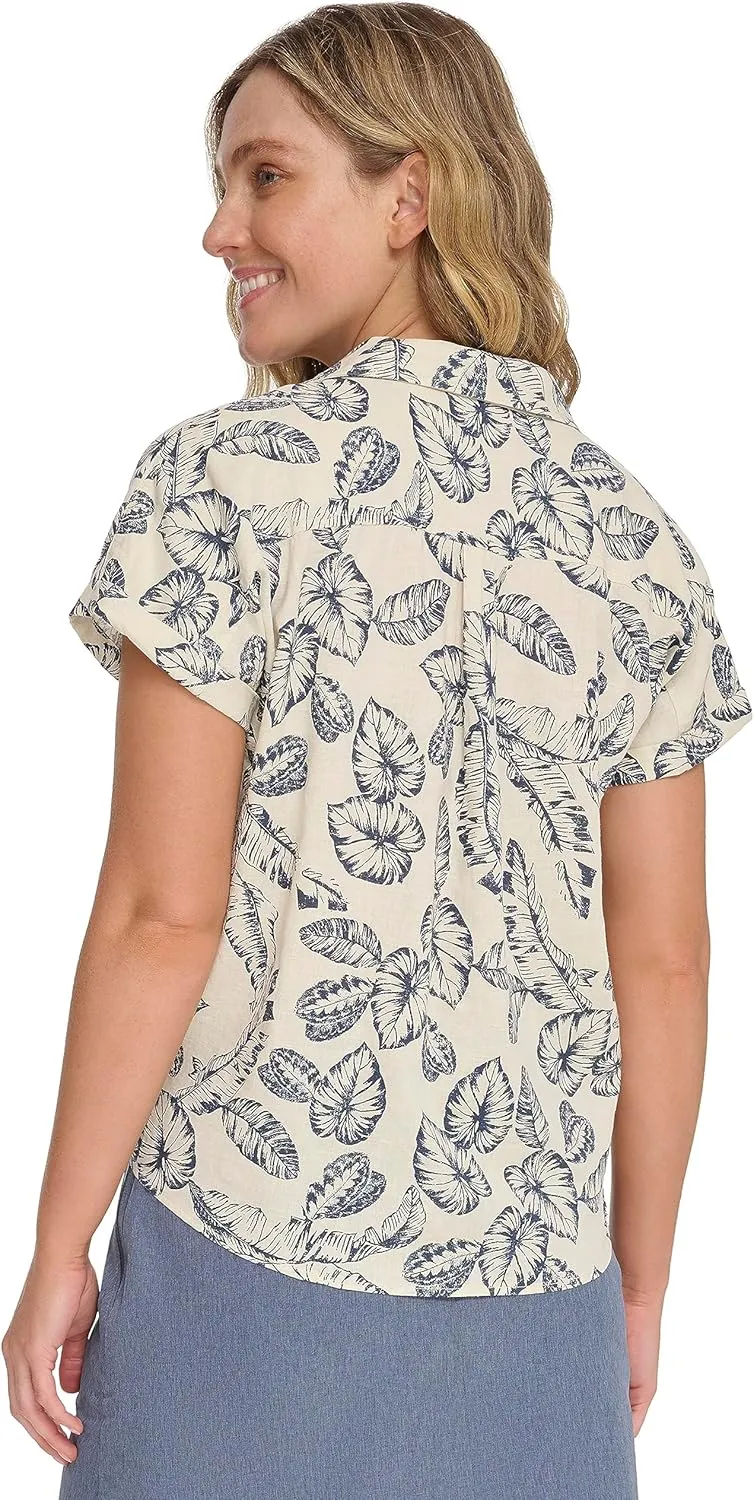 Margaritaville Women's Palm Print Tie Party Shirt-Soft, Relaxed-Feel Linen