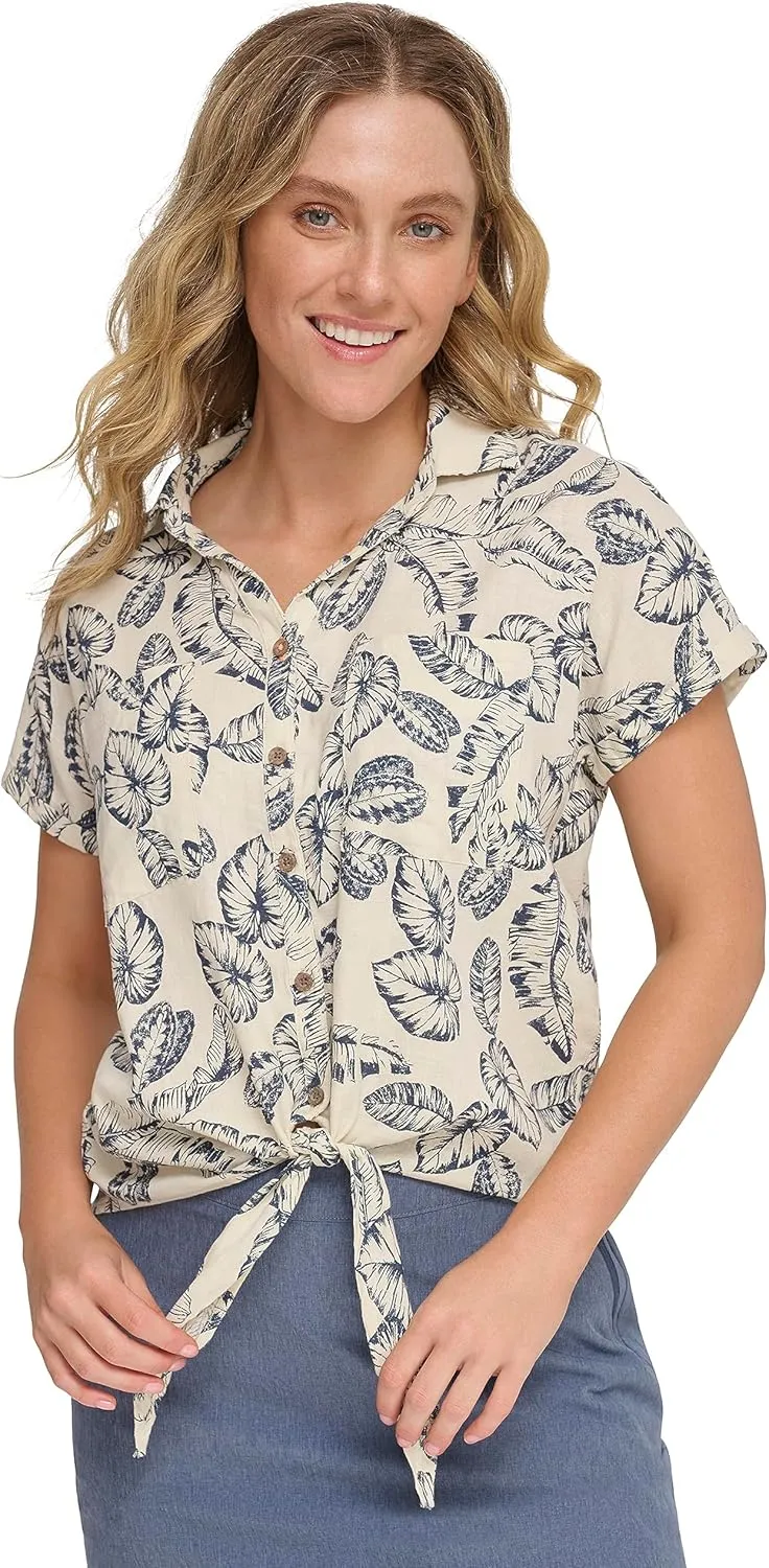 Margaritaville Women's Palm Print Tie Party Shirt-Soft, Relaxed-Feel Linen