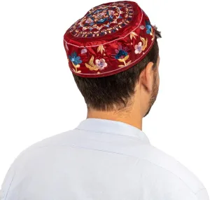 Maroon Flower Design Hand Embroidered Hat / Bucharian Kippah Kippa