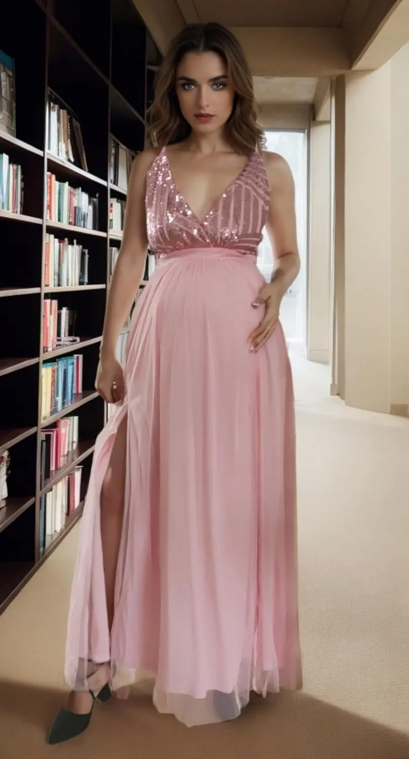 Maternity Sequin Maxi Dresses V Neck Split Sleeveless Maternity Gown Baby Shower Photography Pregnant Dress