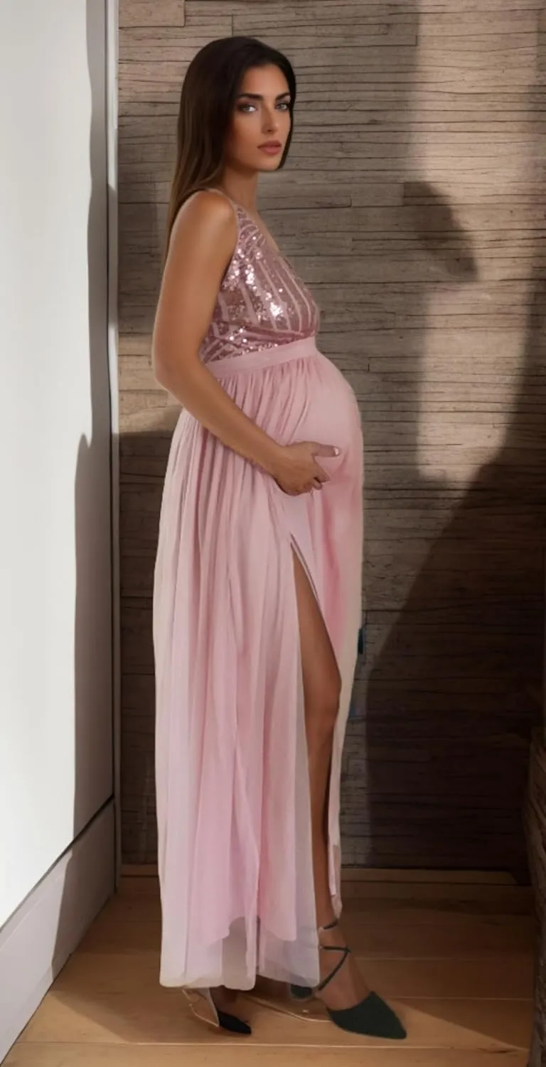 Maternity Sequin Maxi Dresses V Neck Split Sleeveless Maternity Gown Baby Shower Photography Pregnant Dress
