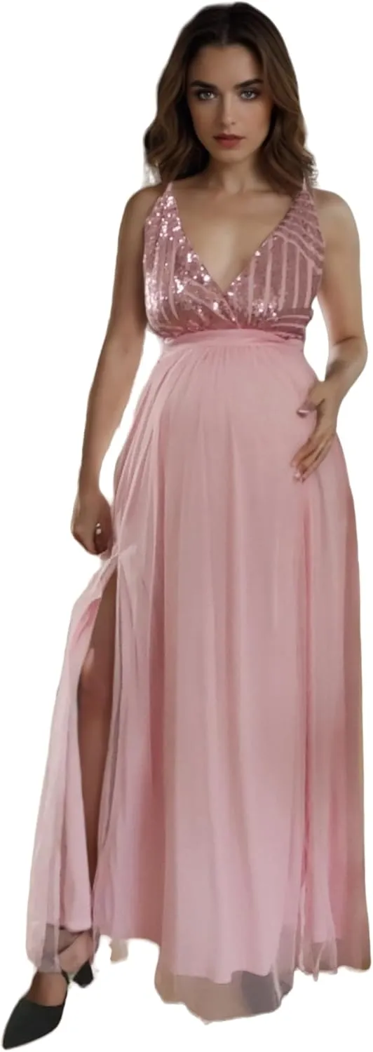 Maternity Sequin Maxi Dresses V Neck Split Sleeveless Maternity Gown Baby Shower Photography Pregnant Dress