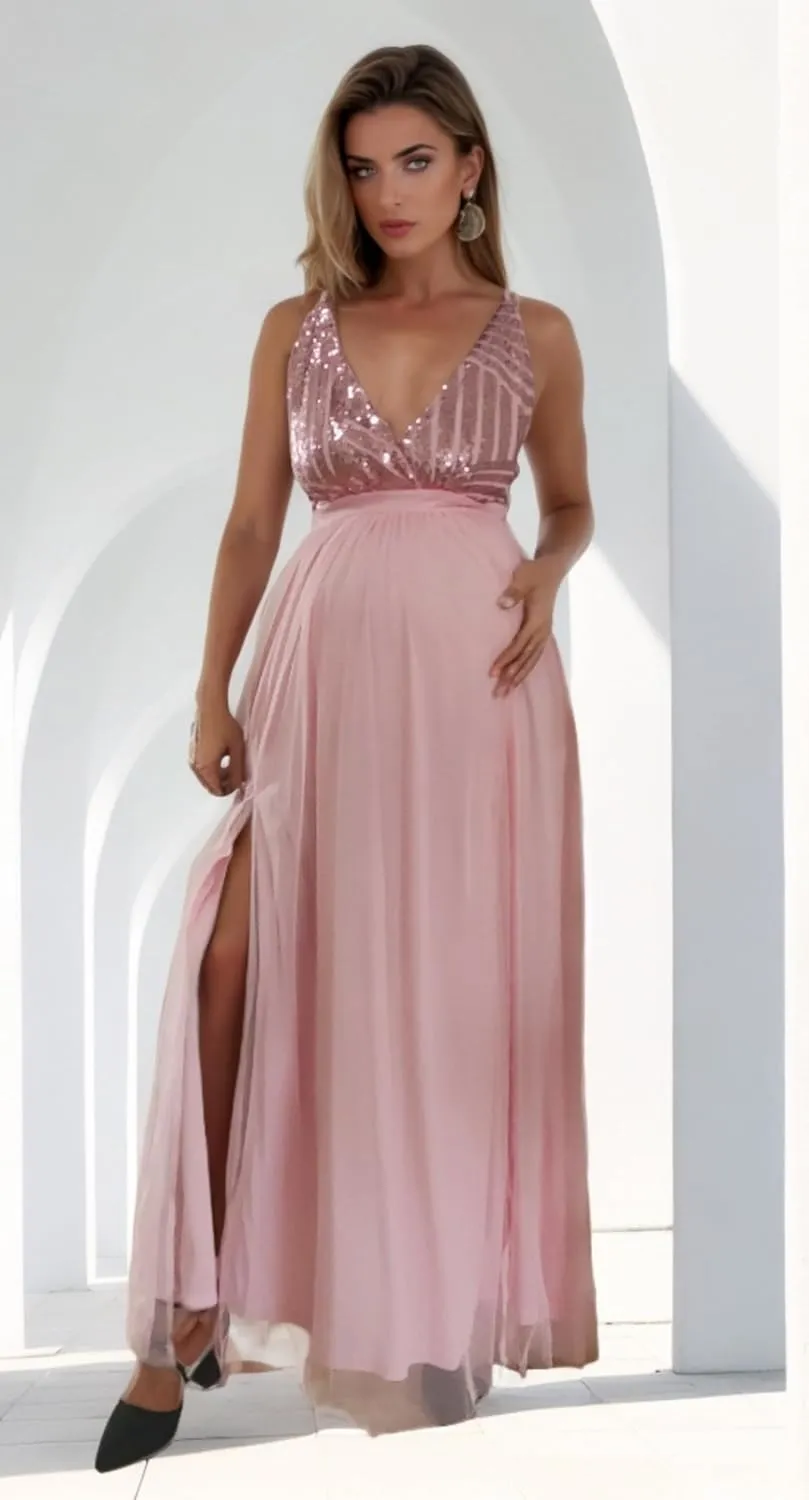 Maternity Sequin Maxi Dresses V Neck Split Sleeveless Maternity Gown Baby Shower Photography Pregnant Dress