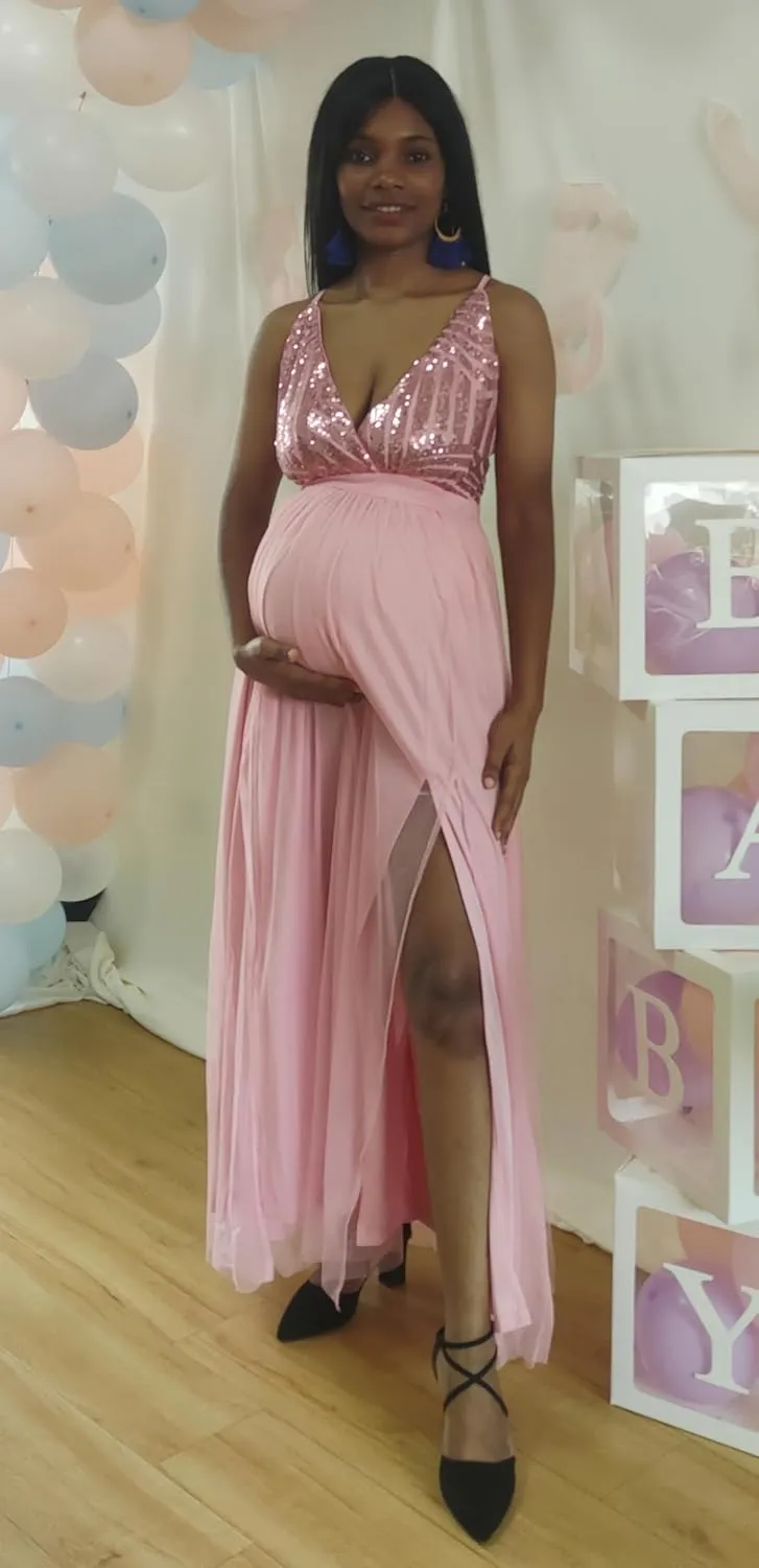 Maternity Sequin Maxi Dresses V Neck Split Sleeveless Maternity Gown Baby Shower Photography Pregnant Dress