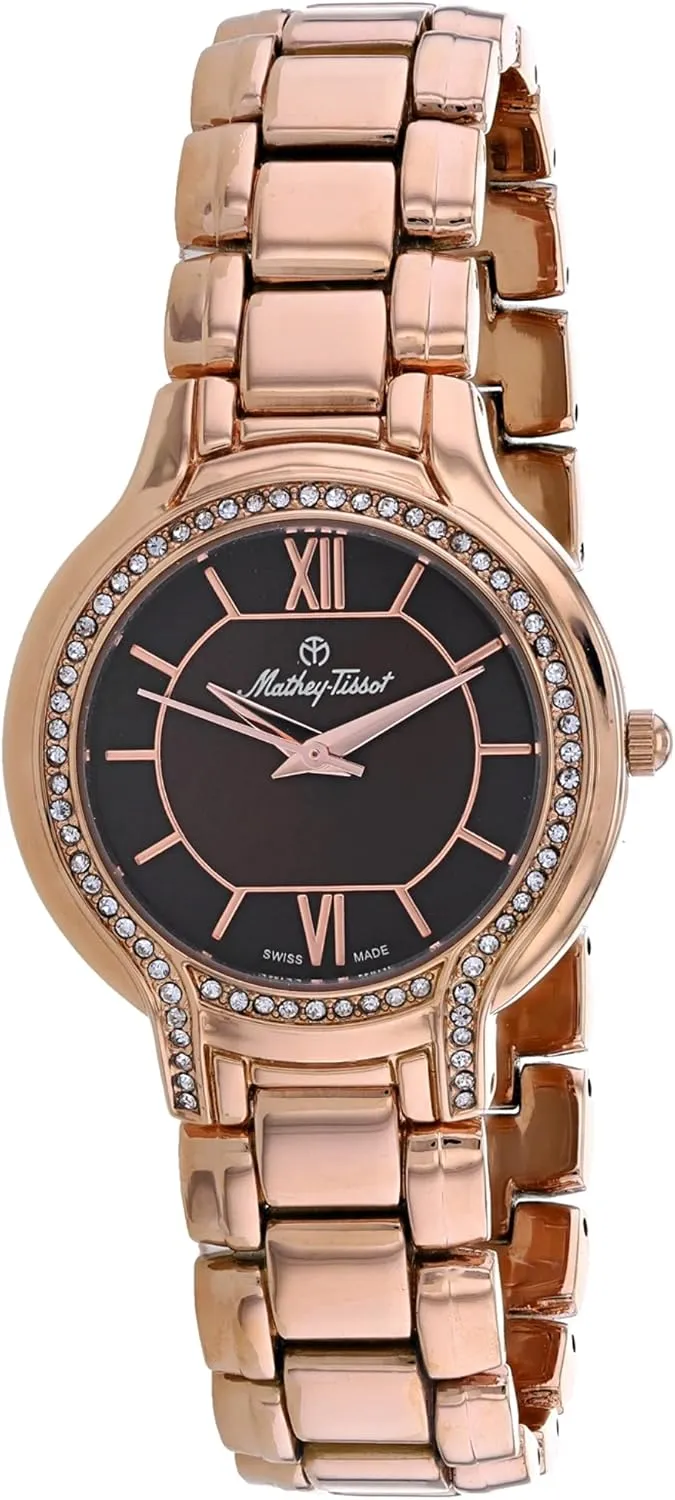 MATTHEY-TISSOT Women's Quartz Stainless Steel Strap, Rose Gold, 16 Casual Watch (Model: D2781PM), Brown