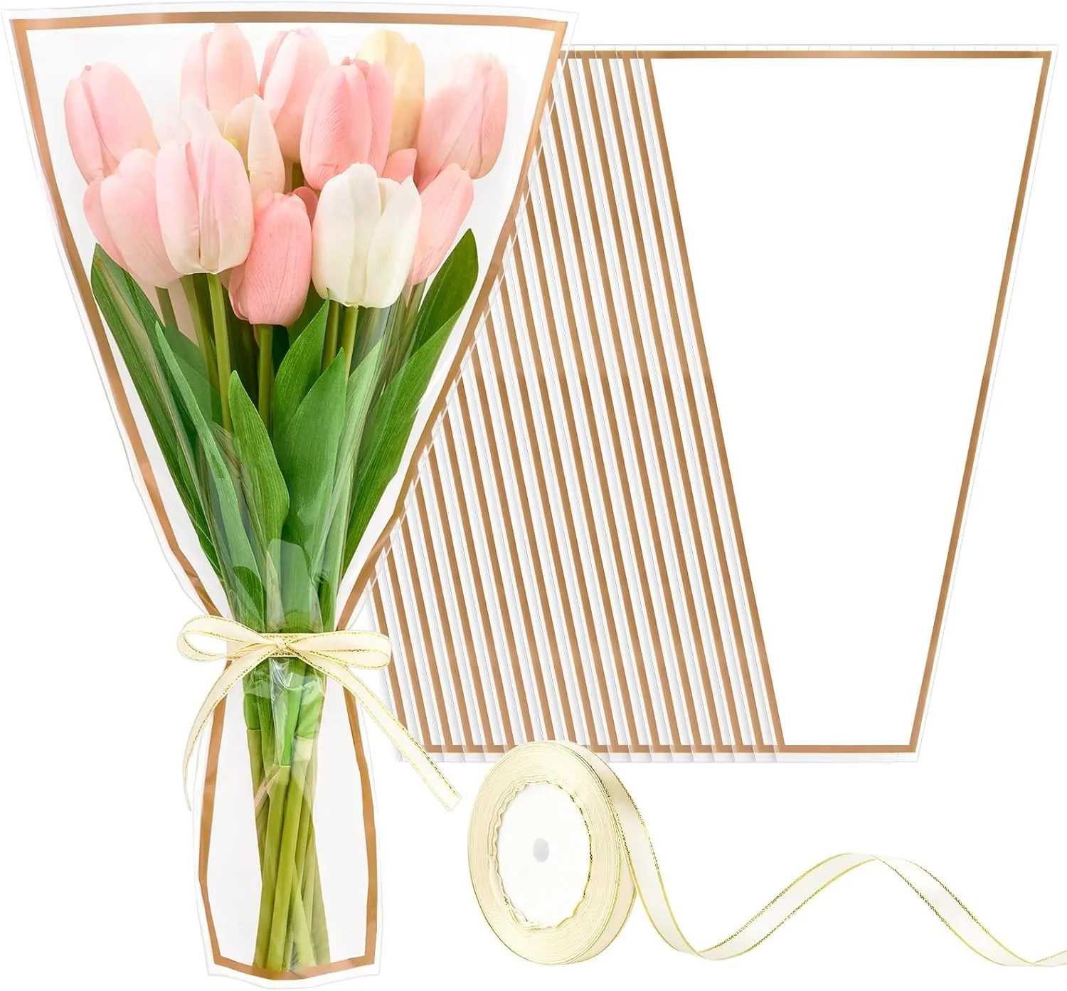 Mauproy 50 Pack White Flower Bags for Bouquets, 17.7 x 10.9 Inches Plastic Flower Sleeves Clear Front Floral Wraps with Ribbons for Mother's Day Florist Packaging Supplies