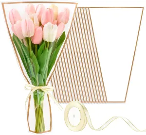 Mauproy 50 Pack White Flower Bags for Bouquets, 17.7 x 10.9 Inches Plastic Flower Sleeves Clear Front Floral Wraps with Ribbons for Mother's Day Florist Packaging Supplies