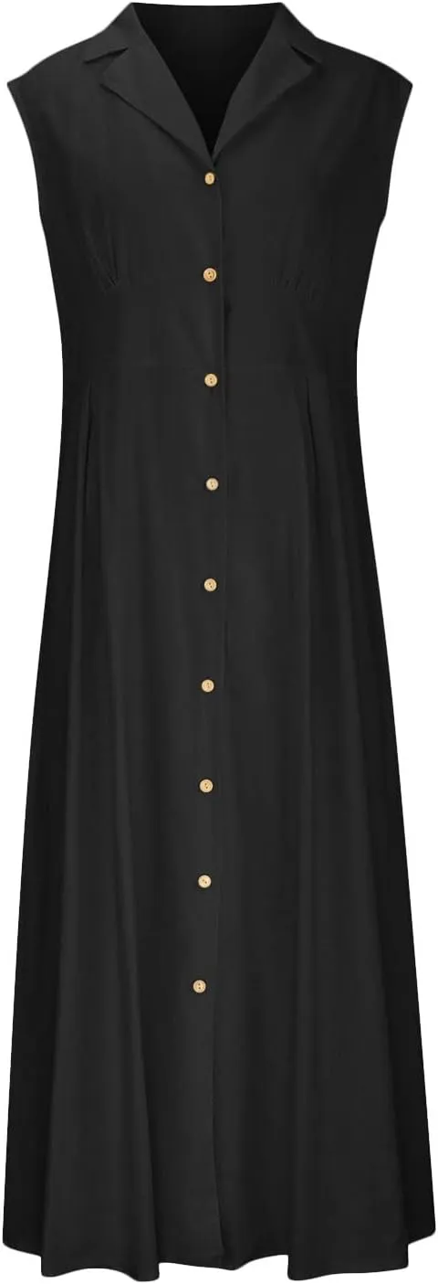 Maxi Dresses for Women 2025 Button Down Cotton Linen Dress Sleeveless Drop Waist Long Vacation Beach Sundresses
