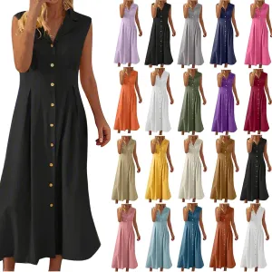 Maxi Dresses for Women 2025 Button Down Cotton Linen Dress Sleeveless Drop Waist Long Vacation Beach Sundresses