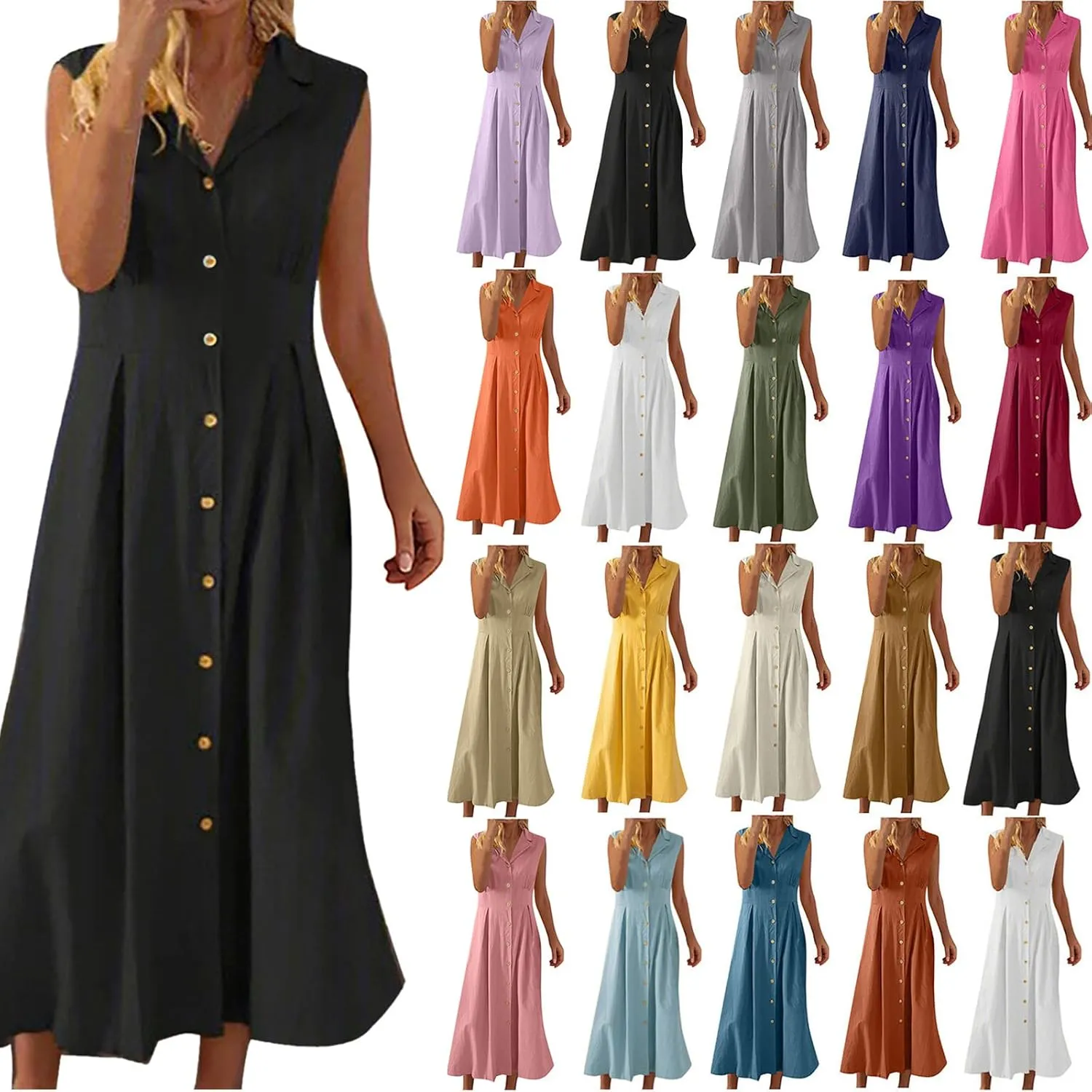 Maxi Dresses for Women 2025 Button Down Cotton Linen Dress Sleeveless Drop Waist Long Vacation Beach Sundresses