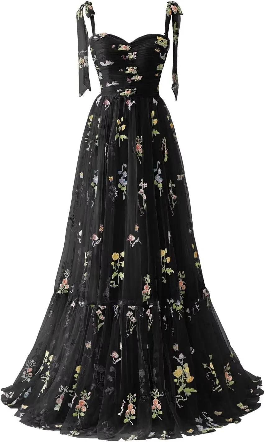 Maxianever Women's Tulle Prom Dresses Flower Embroidery Long Sweetheart Formal Evening Party Gowns
