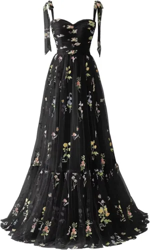 Maxianever Women's Tulle Prom Dresses Flower Embroidery Long Sweetheart Formal Evening Party Gowns