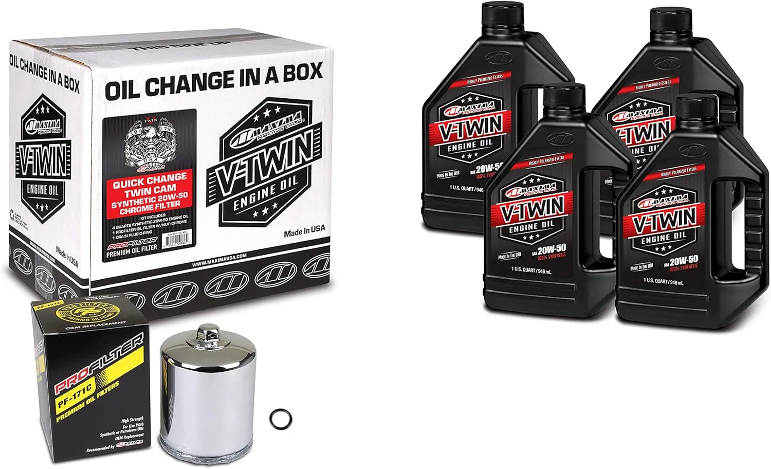 Maxima Racing 90-119014PC Quick Change Twin Cam Synthetic 20W-50 Chrome Filter Engine Oil Change Kit