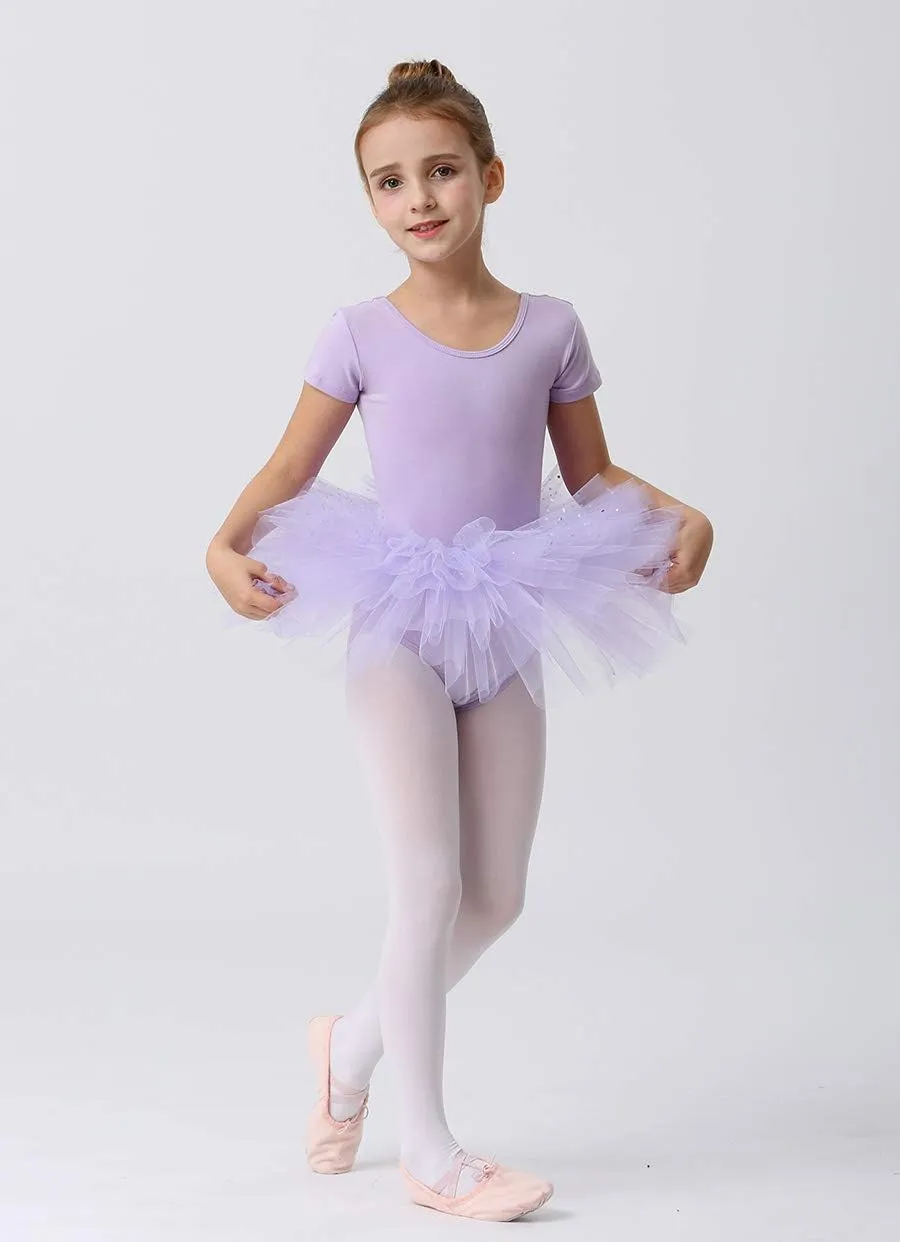 MdnMd Short Sleeve Glitter Dance Ballet Tutu Leotard Ballerina Outfit for Girls Toddler
