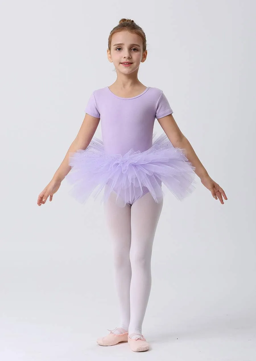 MdnMd Short Sleeve Glitter Dance Ballet Tutu Leotard Ballerina Outfit for Girls Toddler