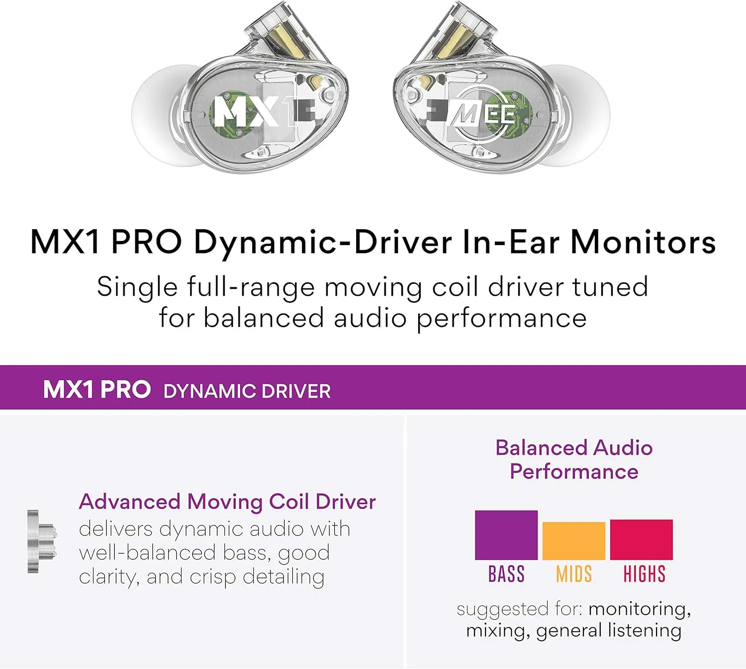 MEE audio Professional MX1 PRO Advanced Dynamic Driver Musician's in Ear Monitor Headphones with Balanced Sound, Noise Isolating Earbuds Earphones with Memory Wire, Detachable Cables, Transparent