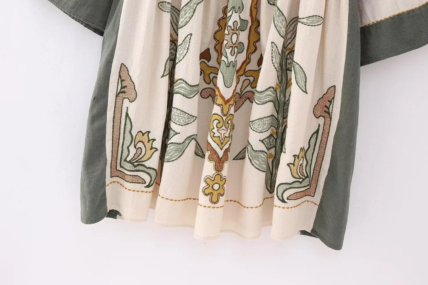 Melliflo Womens Embroidered Dress V Neck Long Sleeve Linen Dress Loose Fit Vintage Floral Print Midi Dress