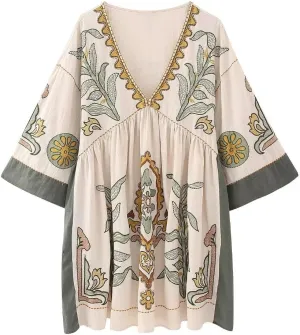 Melliflo Womens Embroidered Dress V Neck Long Sleeve Linen Dress Loose Fit Vintage Floral Print Midi Dress