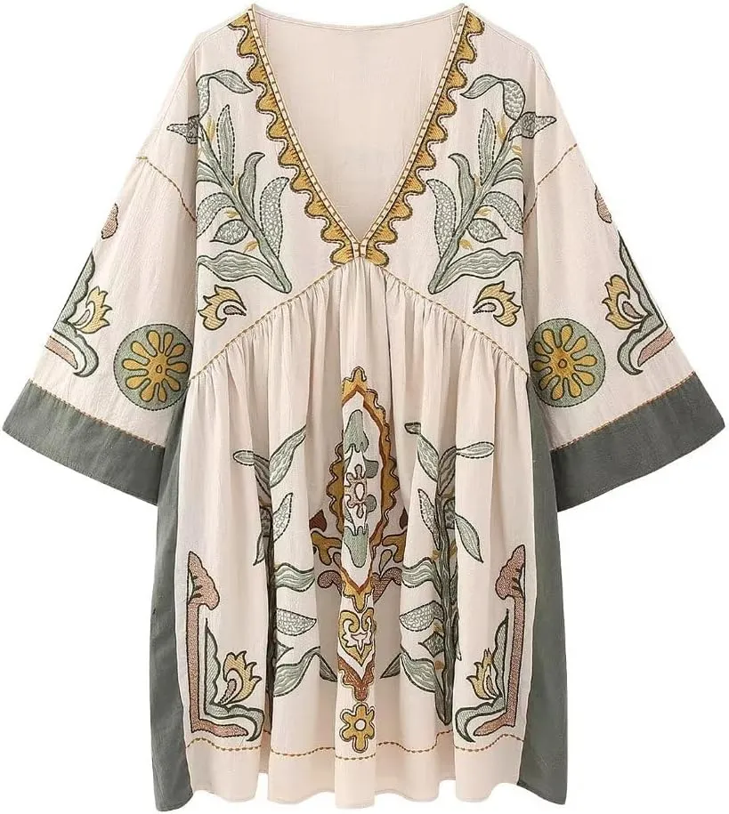 Melliflo Womens Embroidered Dress V Neck Long Sleeve Linen Dress Loose Fit Vintage Floral Print Midi Dress