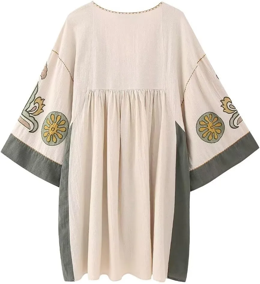 Melliflo Womens Embroidered Dress V Neck Long Sleeve Linen Dress Loose Fit Vintage Floral Print Midi Dress