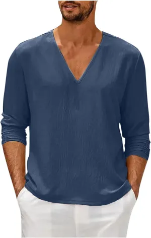 Men Linen Shirts Long Sleeve V Neck Cotton Comfy Spring Tees Shirt Solid Color Loose Fashion Sport 2025 Blouses Tops