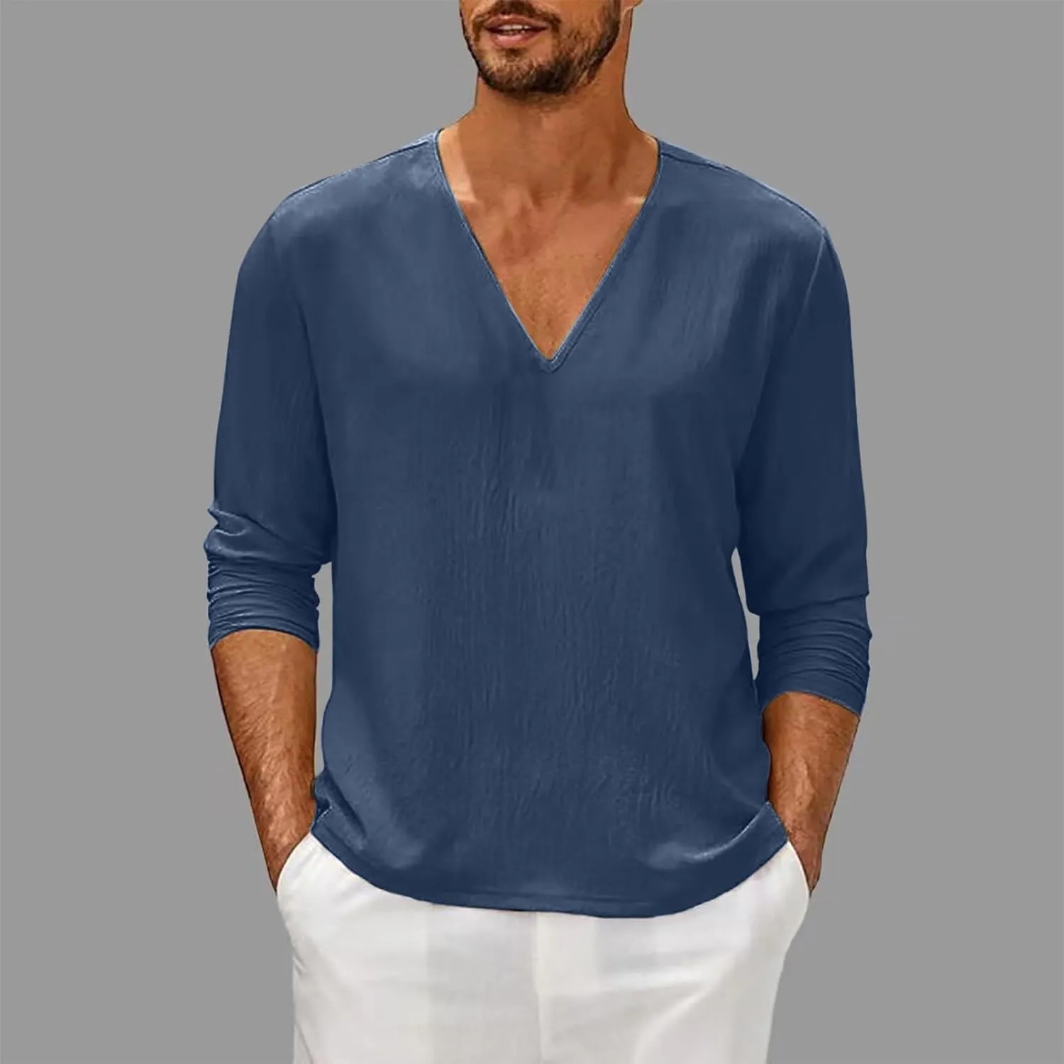 Men Linen Shirts Long Sleeve V Neck Cotton Comfy Spring Tees Shirt Solid Color Loose Fashion Sport 2025 Blouses Tops