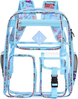 Men's and Women's Transparent Backpack with Large Capacity Graffiti Pattern PVC Material Backpack, Suitable for Daily Use and Travel Use,Blue Car