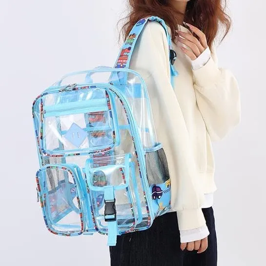 Men's and Women's Transparent Backpack with Large Capacity Graffiti Pattern PVC Material Backpack, Suitable for Daily Use and Travel Use,Blue Car