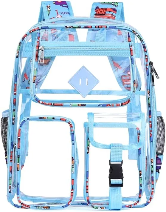 Men's and Women's Transparent Backpack with Large Capacity Graffiti Pattern PVC Material Backpack, Suitable for Daily Use and Travel Use,Blue Car